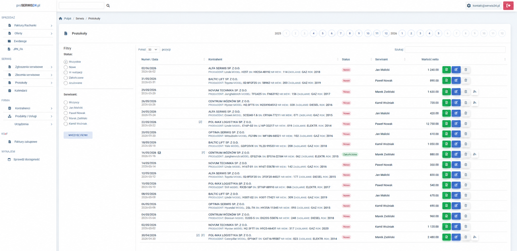 Protokoły i zlecenia serwisowe